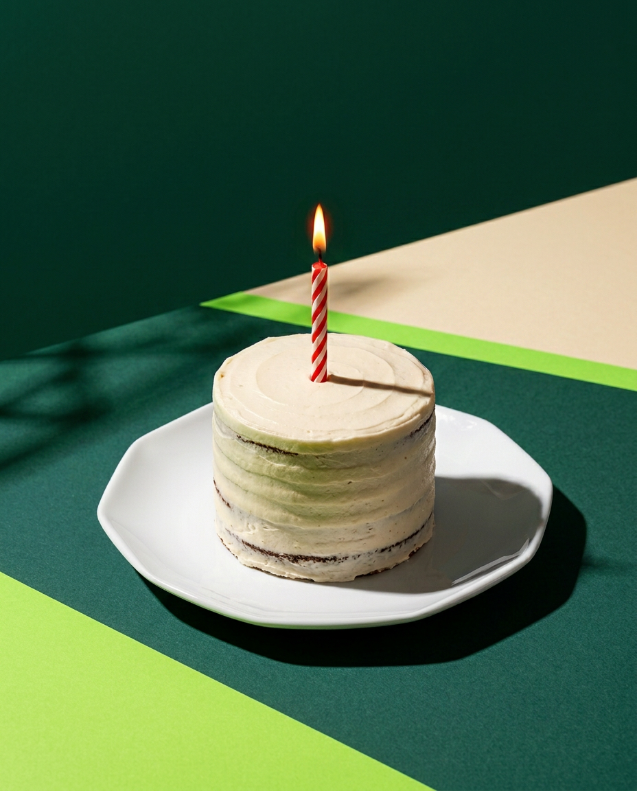 A small birthday cake with a single lit candle