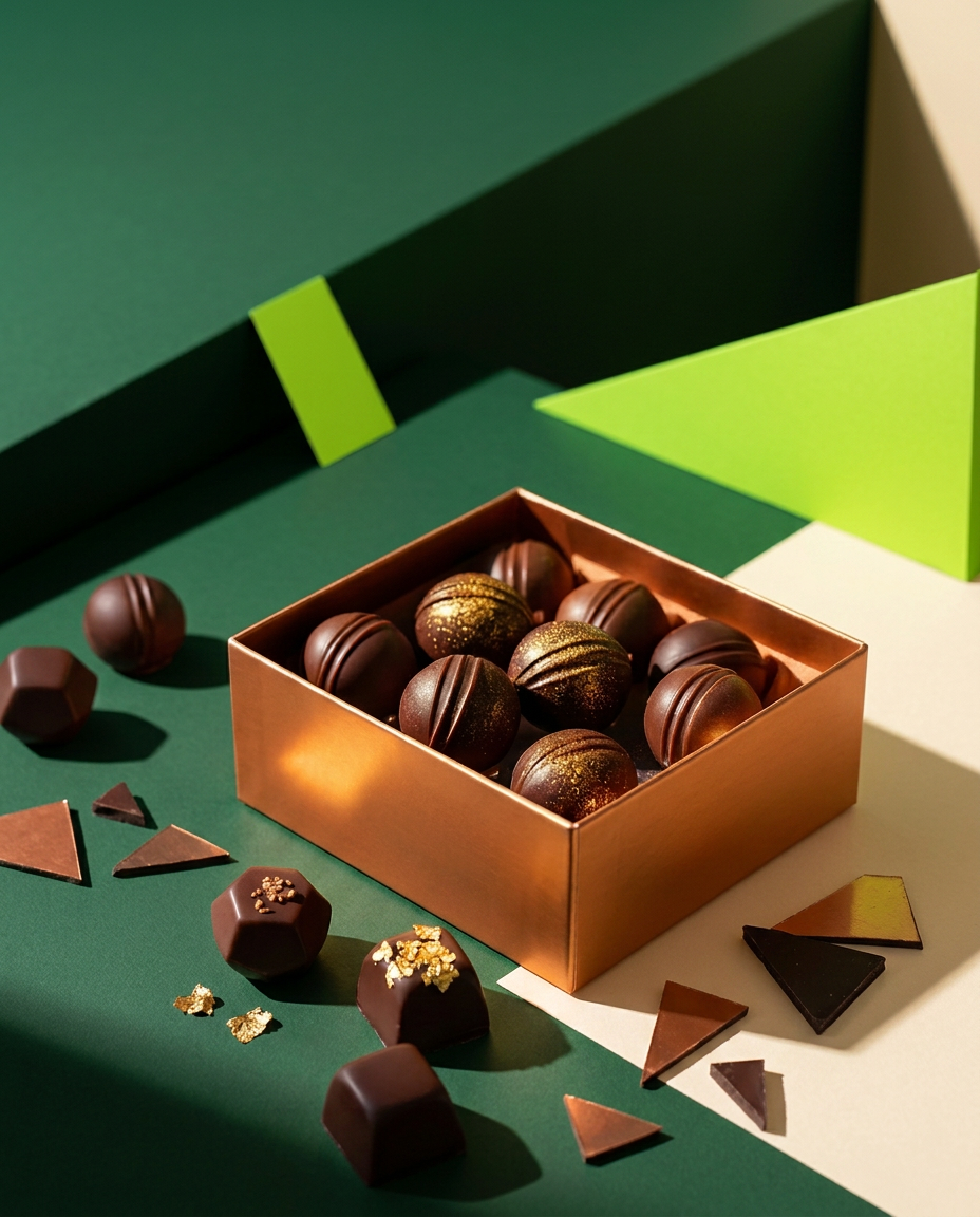 Artisan chocolate pralines in an open gift box