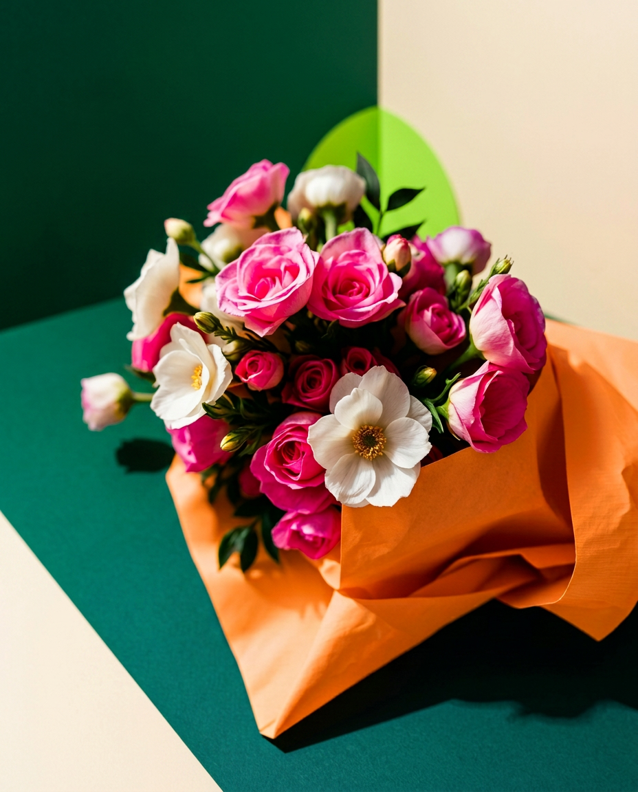 A bouquet of pink and cream flowers wrapped in paper