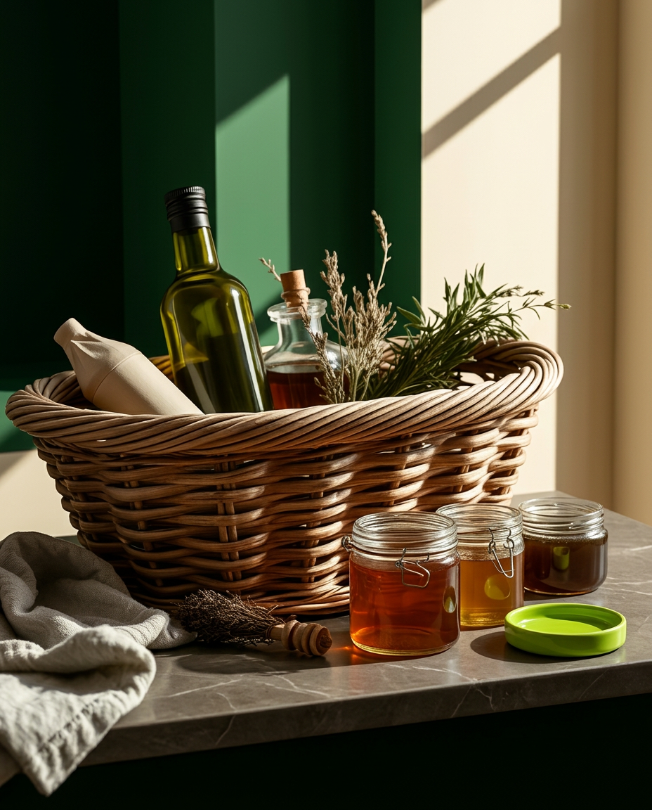 A market basket with olive oil, honey and herbs