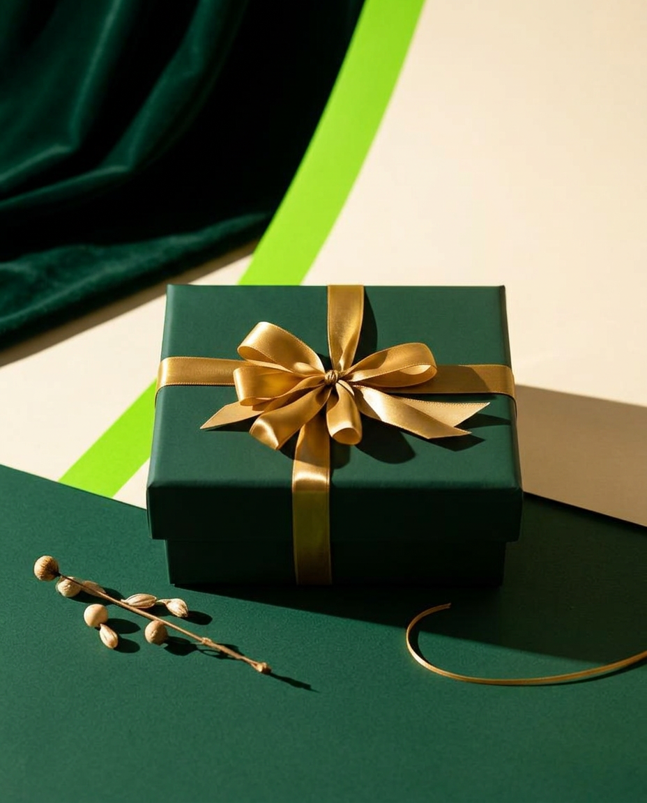 A cream gift box tied with a silk ribbon and a handwritten card