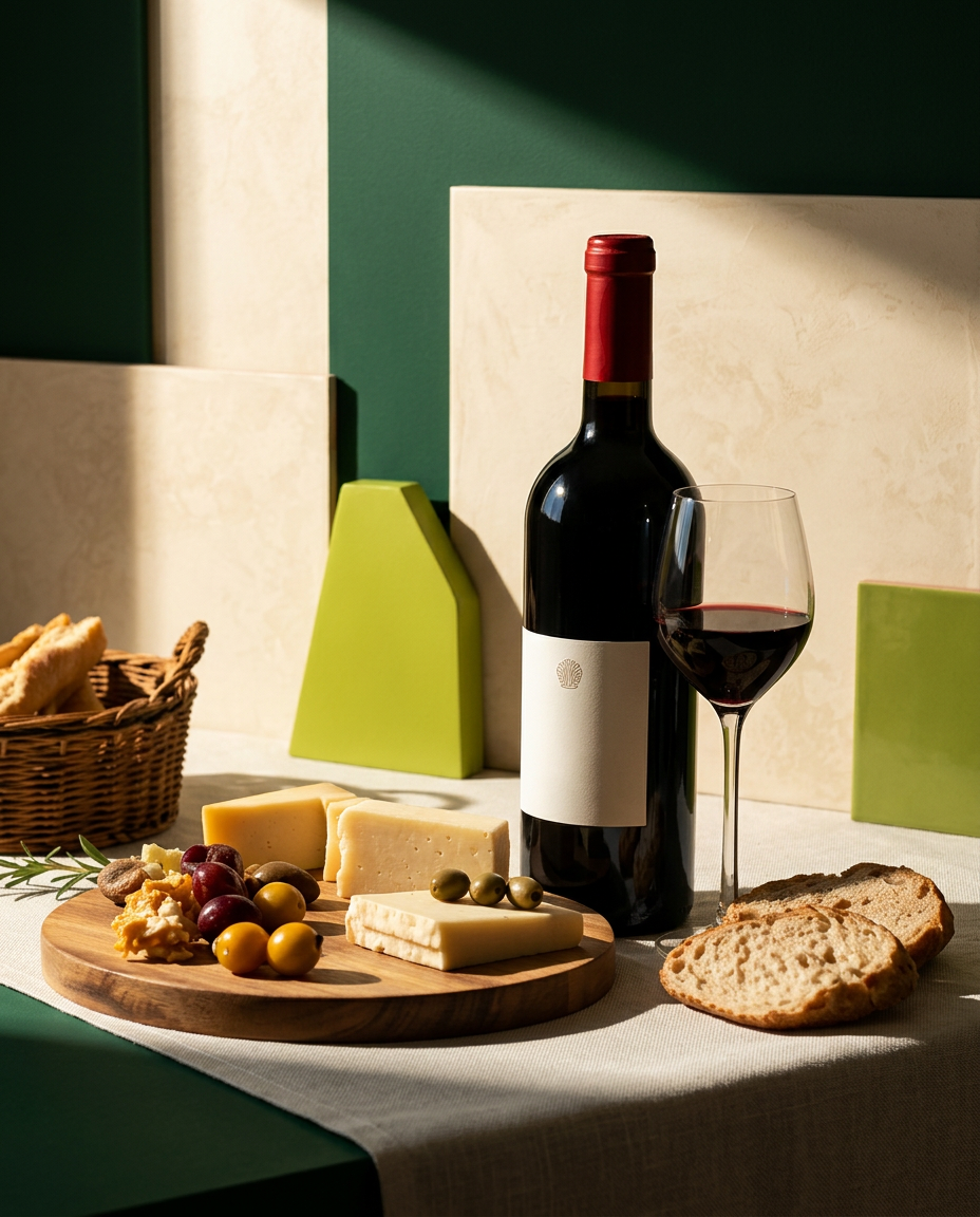 A bottle of red wine with cheese, olives and bread