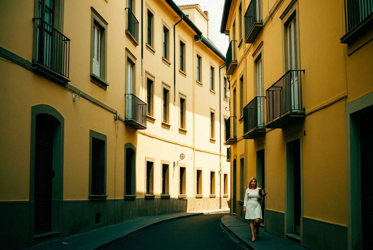 A quiet sunlit European street with a person carrying a bouquet